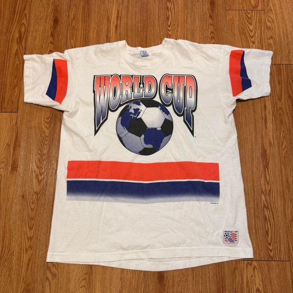 Vintage World Cup Men's Shirt Football Jersey Striped 90s 1994 White Size XL